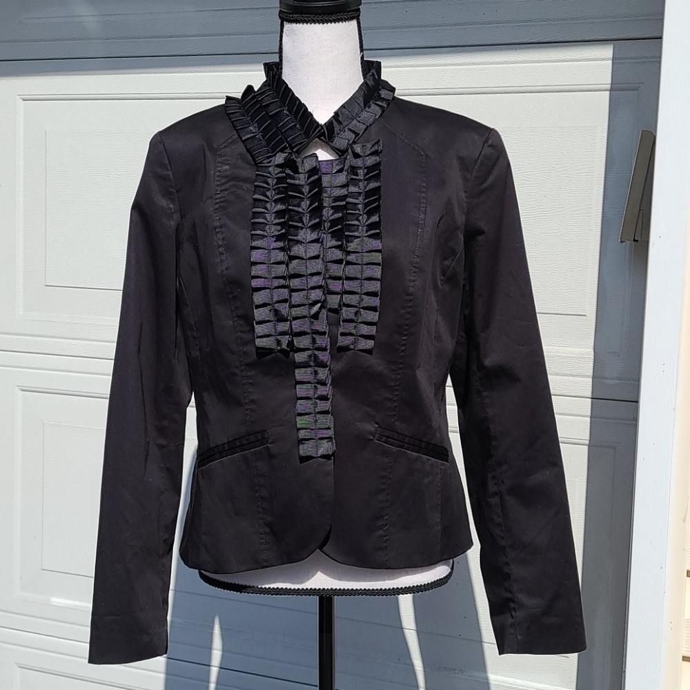 Kenar Black Pleated Ruffle Front Blazer Medium